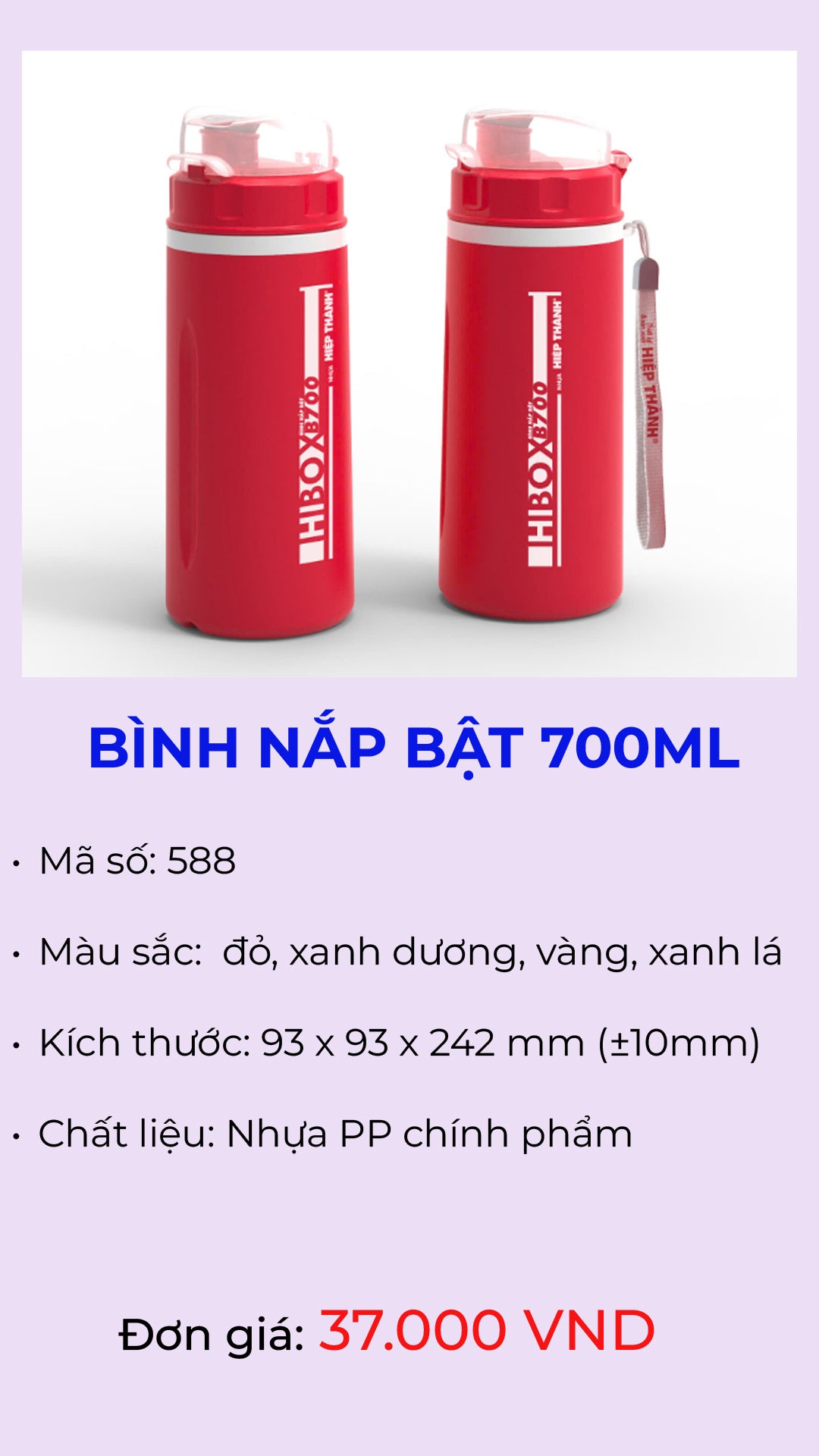 Bình nước nắp lật 700ml mã 588 – Nhựa Hiệp Thành